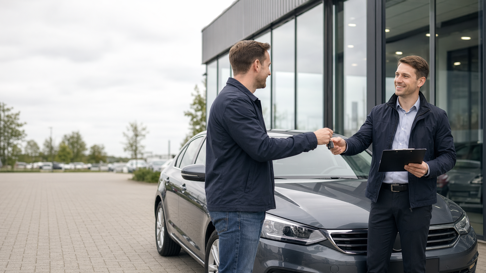 Fahrzeuguebergabe bei einem modernen Autohaus